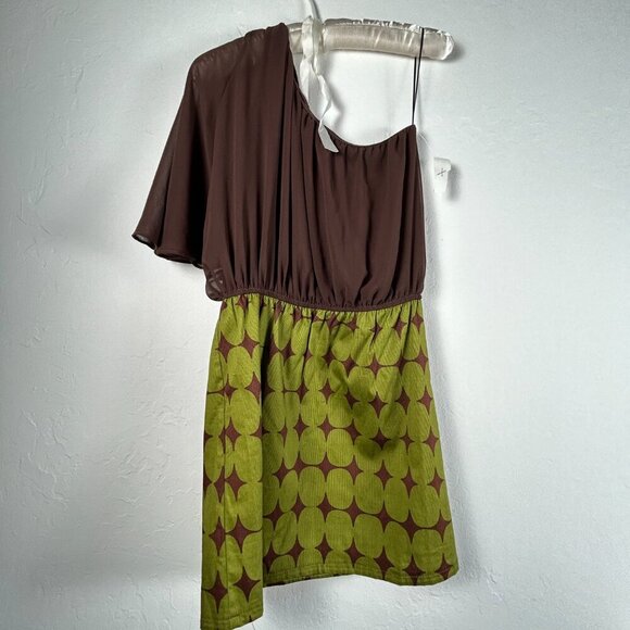 Vintage Judith March One Shoulder Dress Womens Medium Brown Green Short Party - Picture 2 of 8